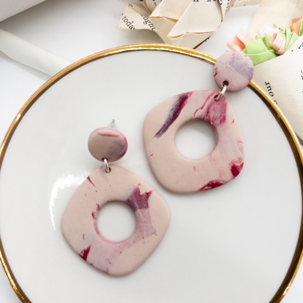 Pink Marble Square Pendant Earrings